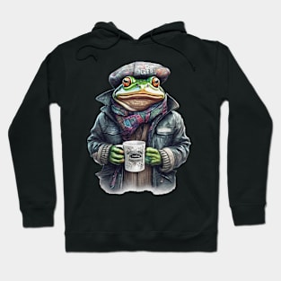 Frog wearing a jackets holding a cup coffee Hoodie